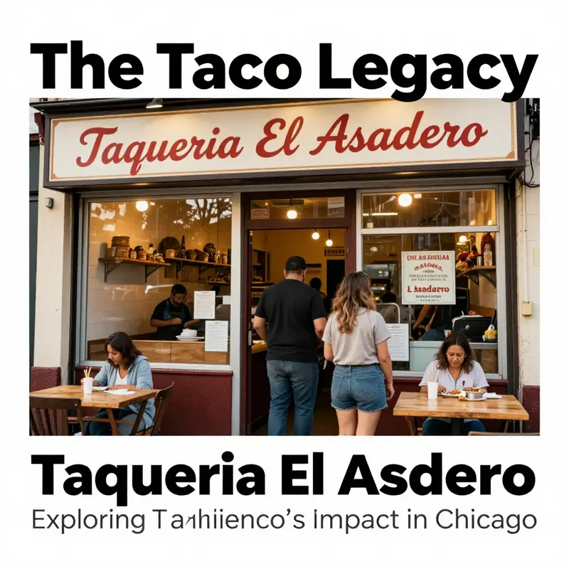 The front view of Taqueria El Asadero in Chicago, showcasing its welcoming atmosphere with diners approaching.