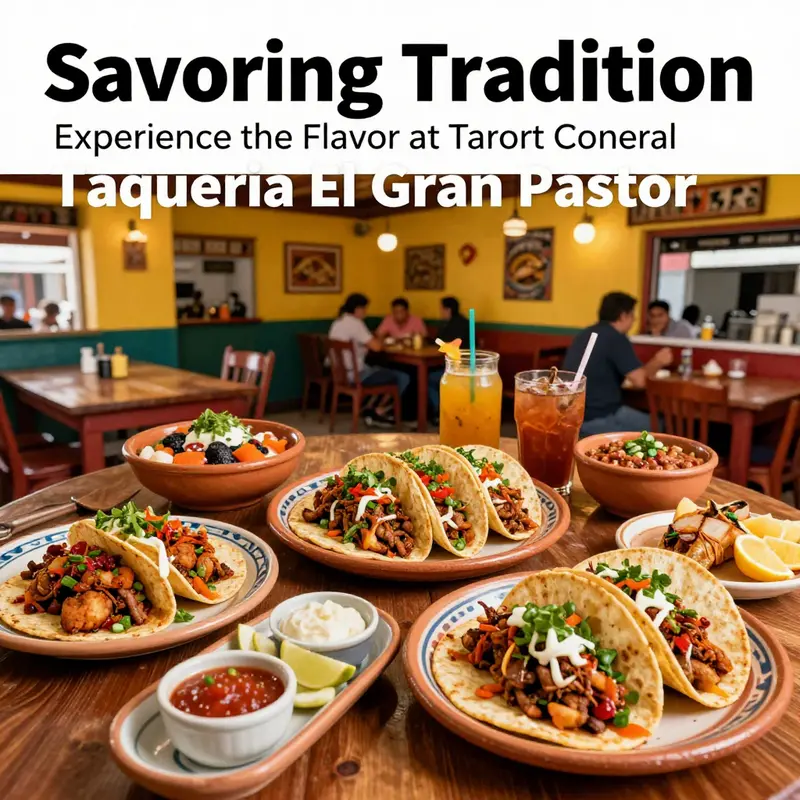 A colorful array of dishes from Taqueria El Gran Pastor, including tacos and salsas, reflecting the essence of Mexican culinary tradition.