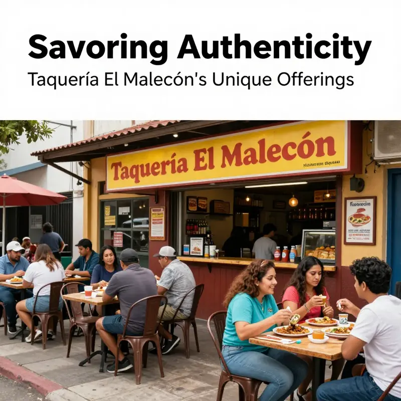 The lively exterior of Taquería El Malecón, with diners and colorful decor symbolizing the restaurant's vibrant community presence.