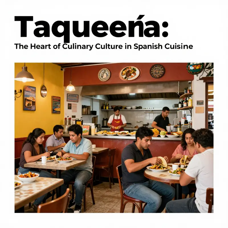An inviting taquería scene full of people enjoying authentic tacos in a warm and lively environment.