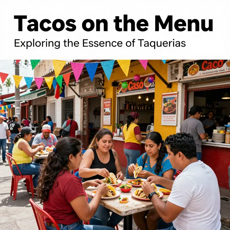 A bustling taqueria on a market street filled with diverse patrons enjoying their meals.