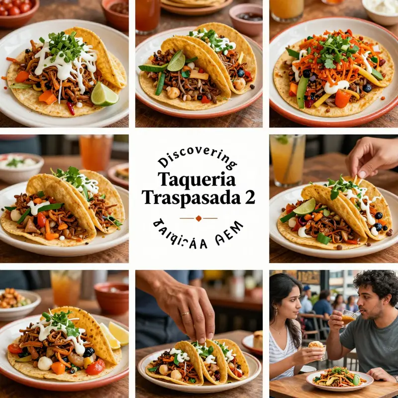 A collage showing tacos, the restaurant's logo, and people dining at Taqueria Traspasada 2.