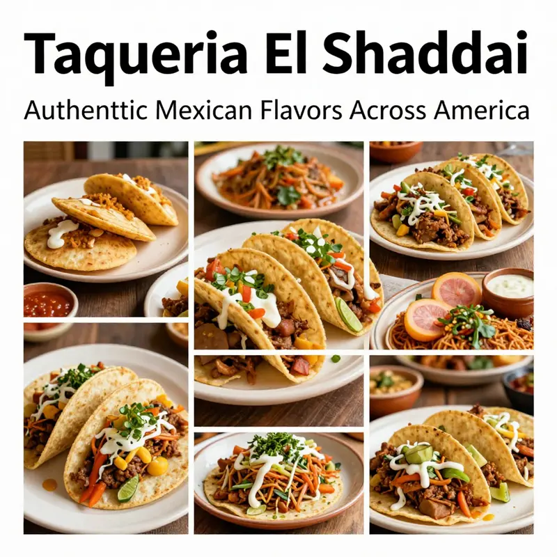 A colorful assortment of Mexican dishes, including tacos and pupusas, representing the culinary offerings of Taqueria El Shaddai.