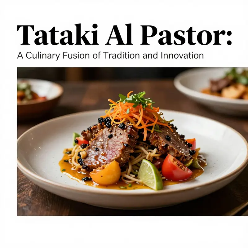 Artistic representation of Tataki Al Pastor, showcasing its vibrant presentation in a sophisticated restaurant setting.
