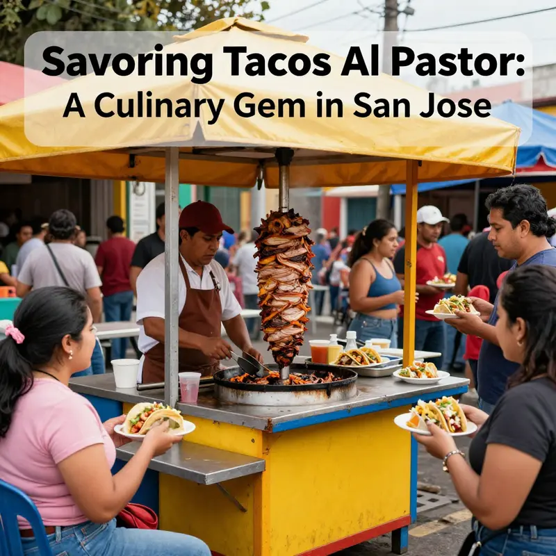 A bustling taco stand at a local fair in San Jose, highlighting the popularity of Tacos Al Pastor.