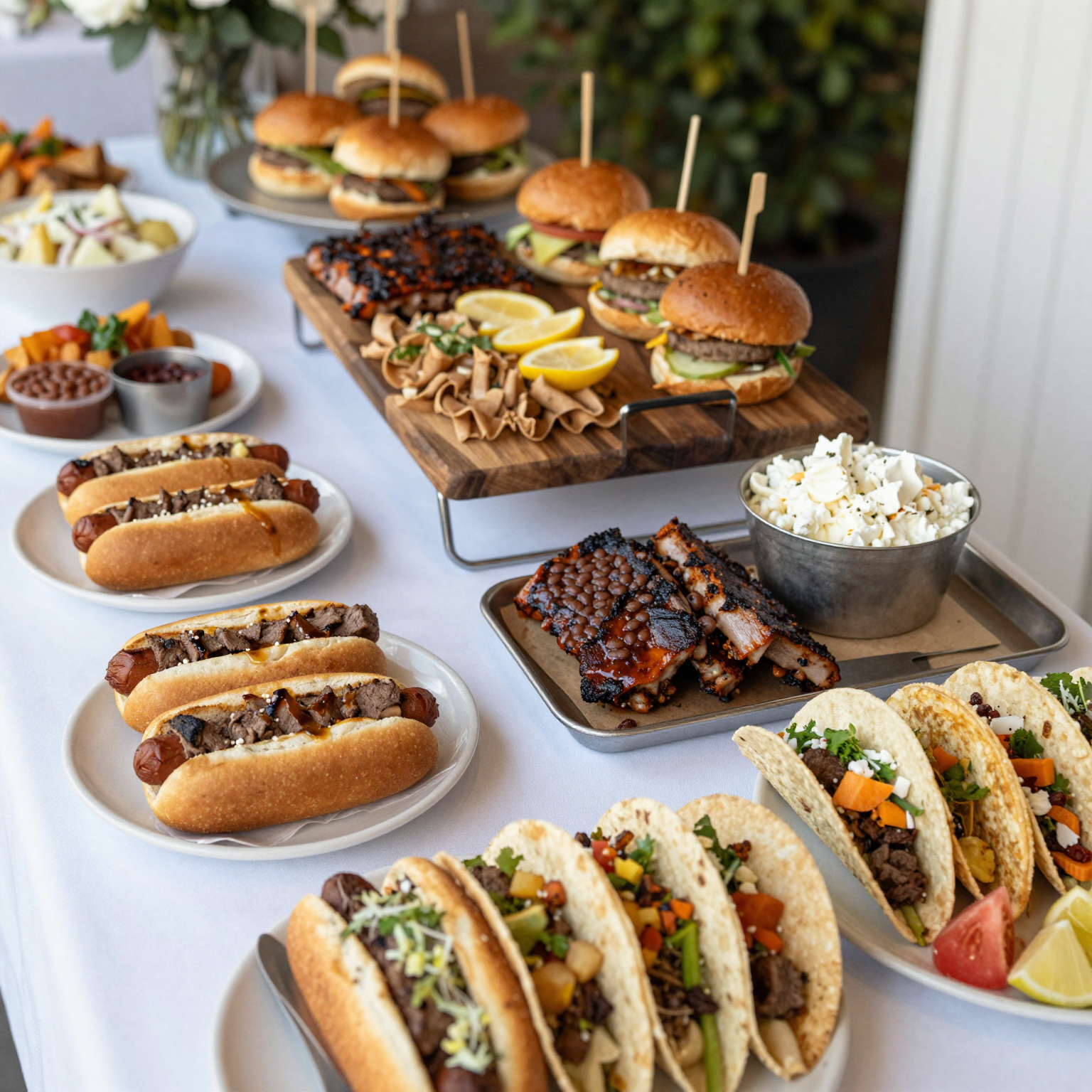 A diverse catering setup featuring Texas style BBQ and tacos