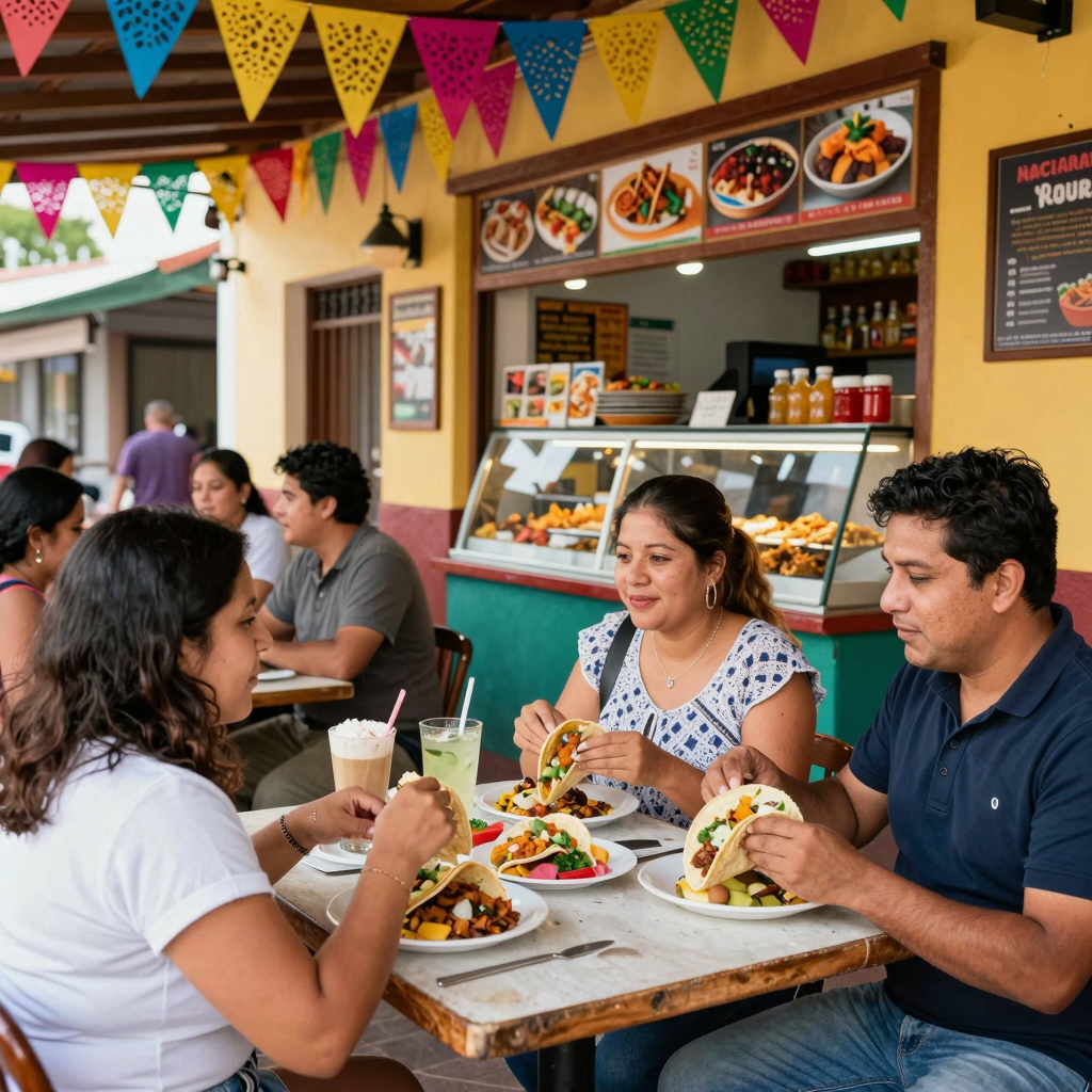 Vibrant street scene of a taqueria with customers enjoying tacos and colorful decorations