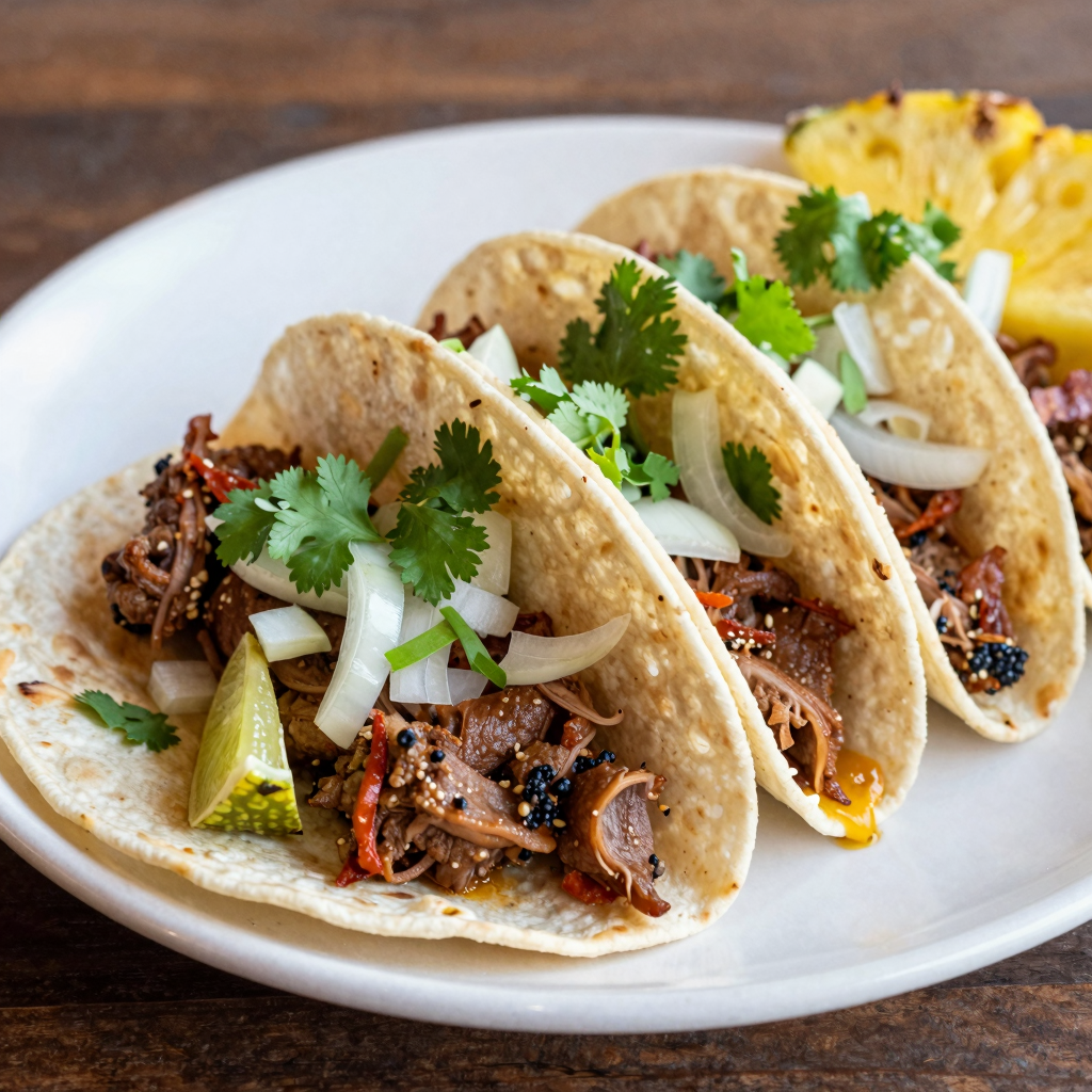 Inviting taco platter featuring al pastor tacos garnished with fresh ingredients