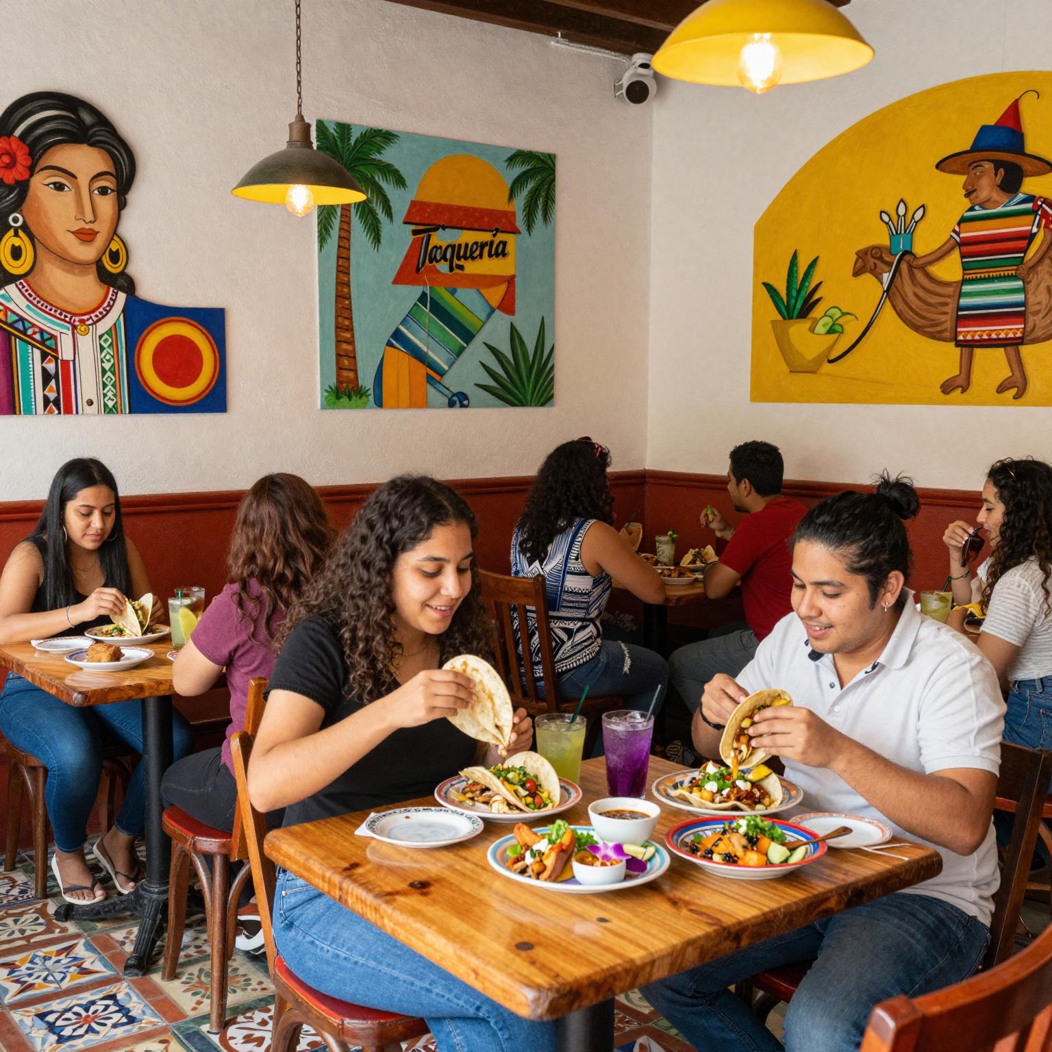Interior of Don Rey Taqueria with a vibrant, lively atmosphere
