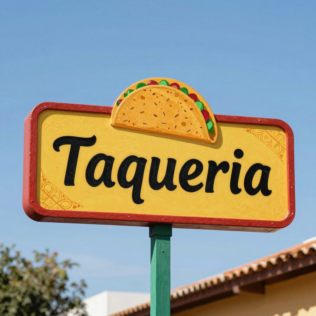 A colorful street sign that says 'Taqueria', reflecting Mexican culture