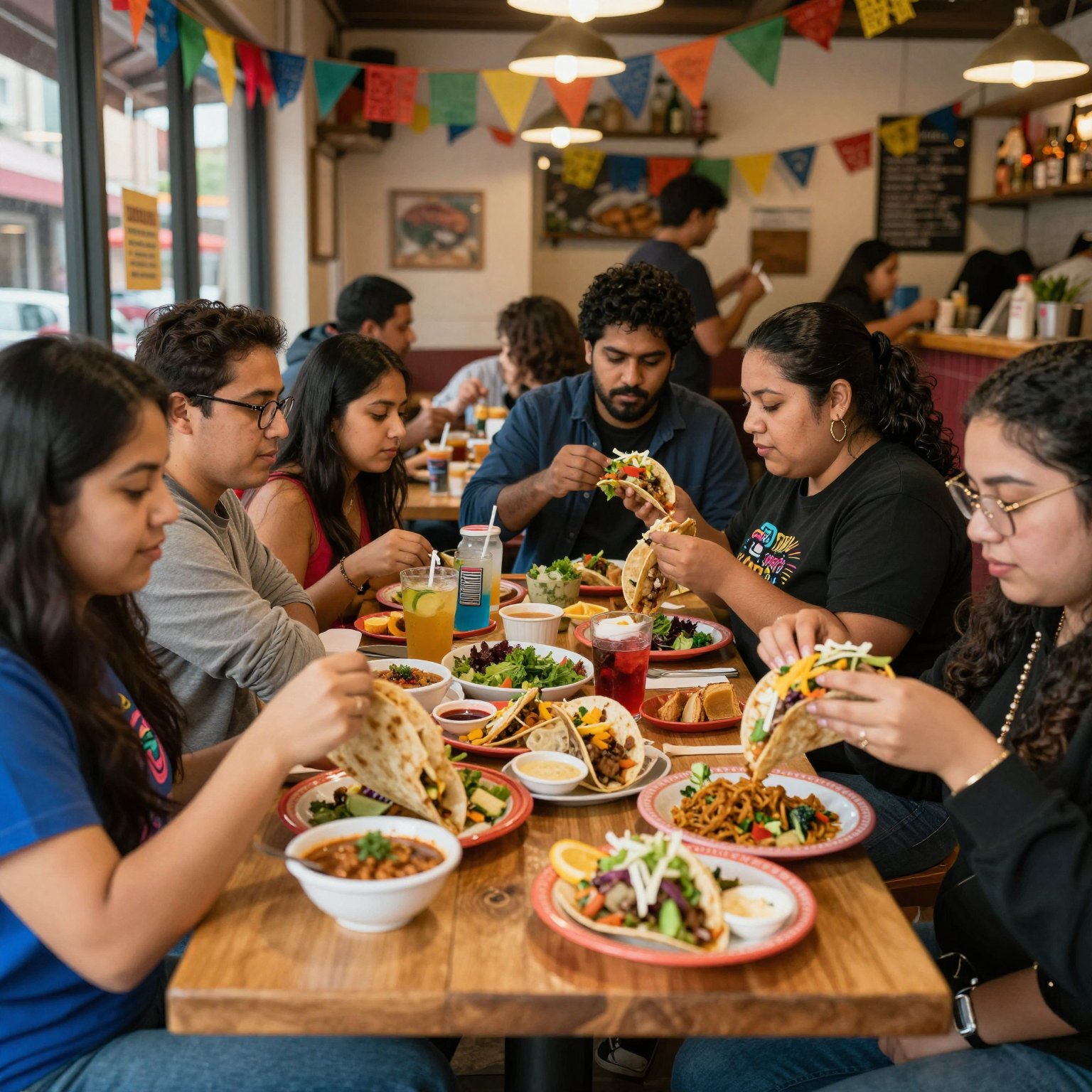 A lively and crowded taqueria scene in Portland