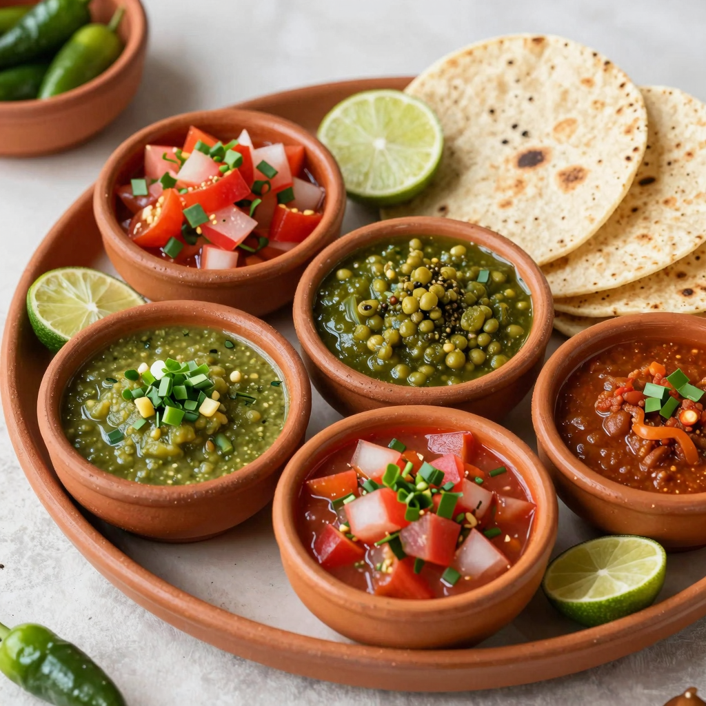 A colorful platter of various taqueria style salsas, showcasing the vibrant flavors of Mexican cuisine.