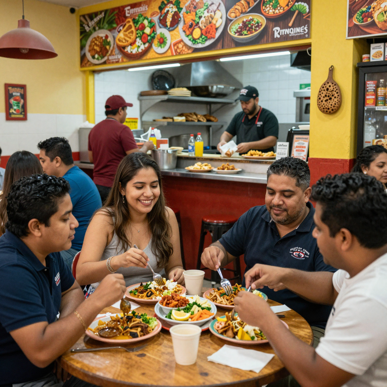 A busy taqueria at closing time, featuring customers enjoying their last-minute meals, vibrant decor, and a sense of urgency in the atmosphere.