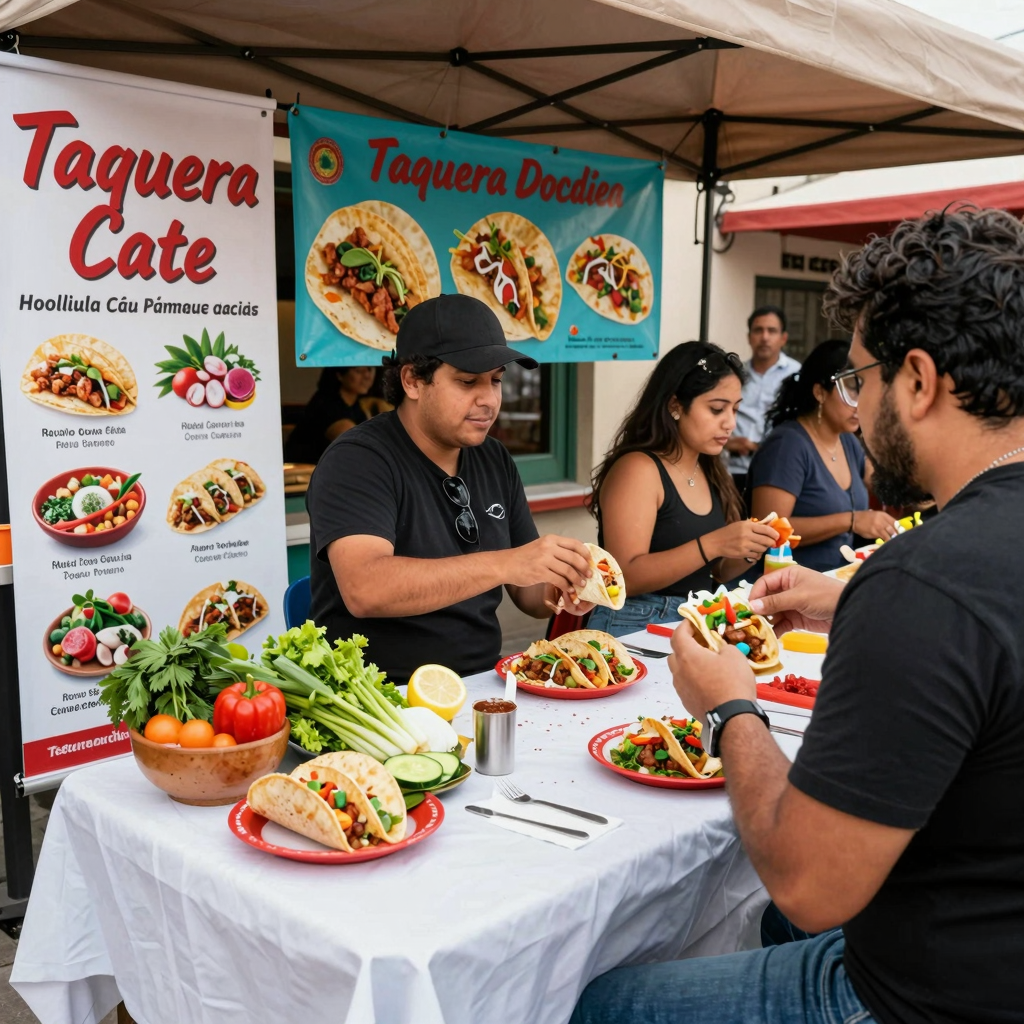 A vibrant scene showcasing a taqueria collaborating with local businesses