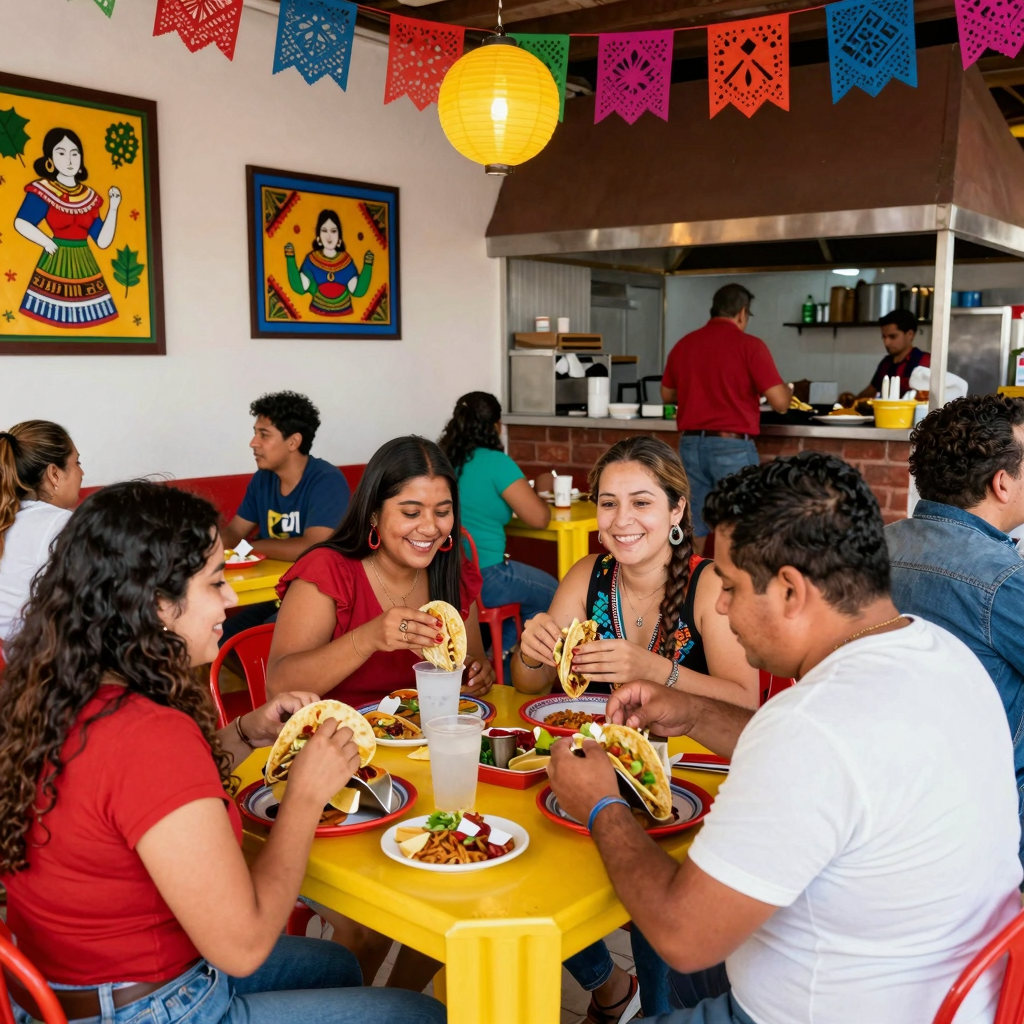 Vibrant taqueria setting filled with colors and a lively atmosphere
