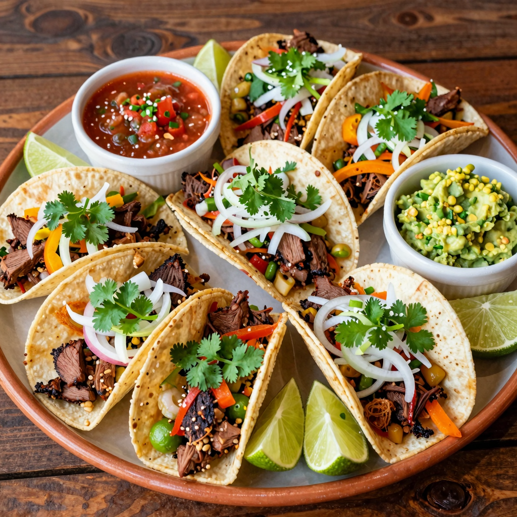 Vibrant taco platter showcasing various tacos and accompaniments