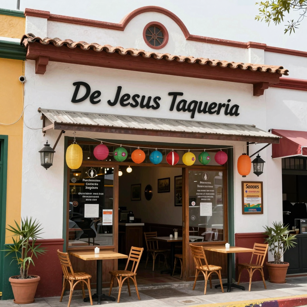 Exterior view of De Jesus Taqueria showcasing its welcoming atmosphere and distinct architecture.