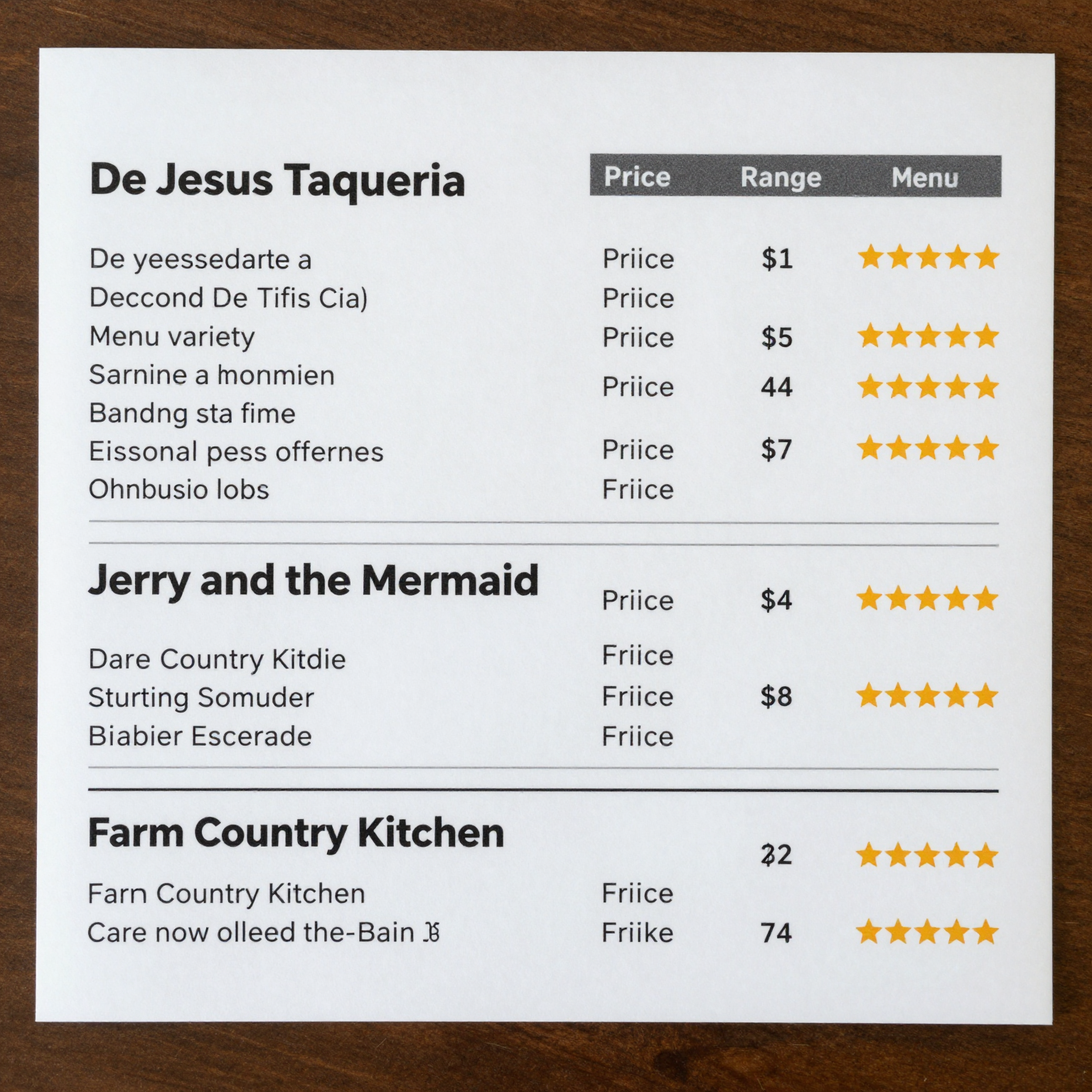 Dining Comparison Table