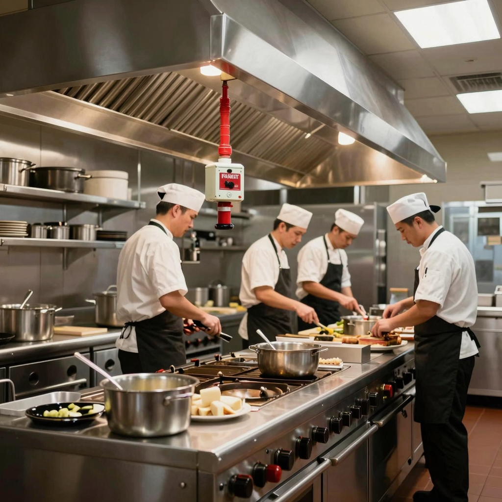Commercial kitchen with modern fire suppression exhaust hood system