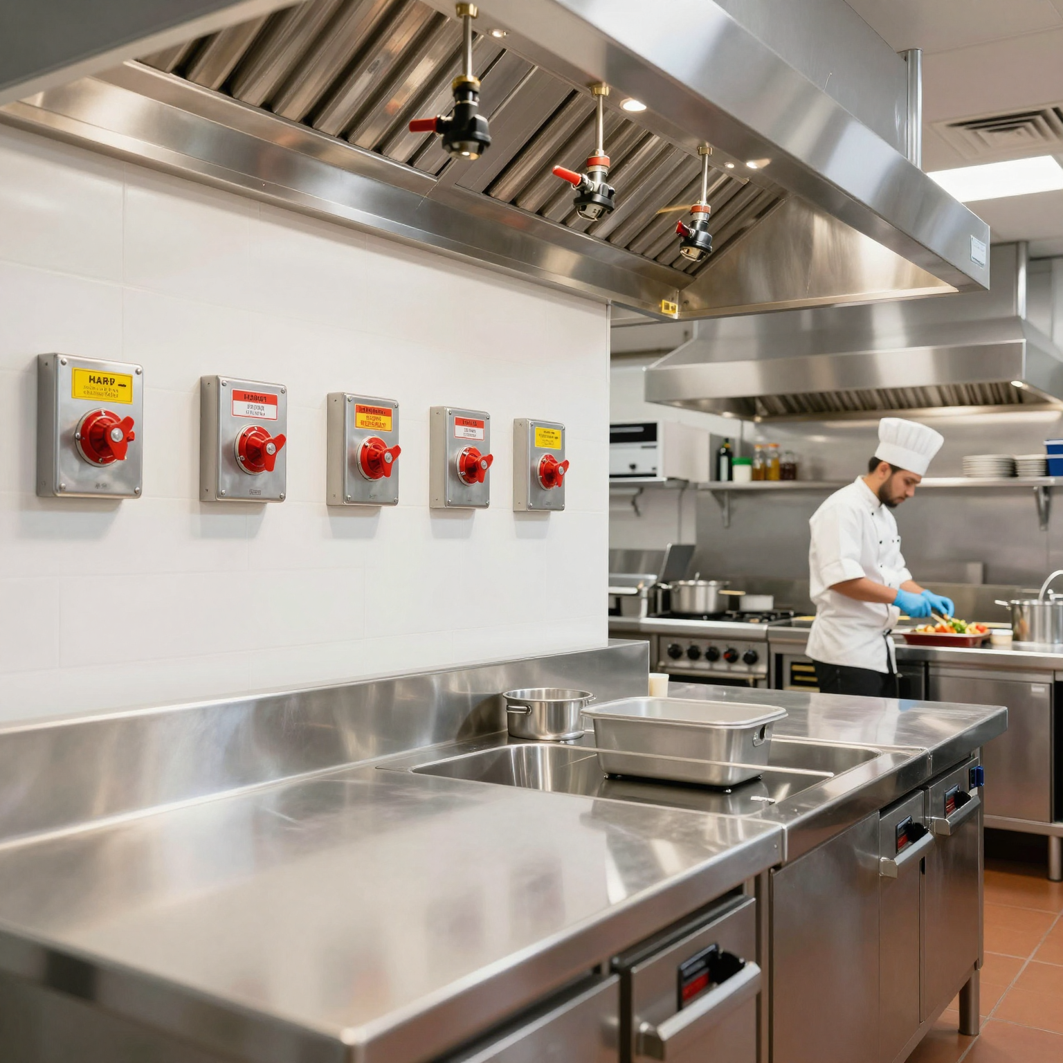 Modern safety equipment in a restaurant kitchen setting