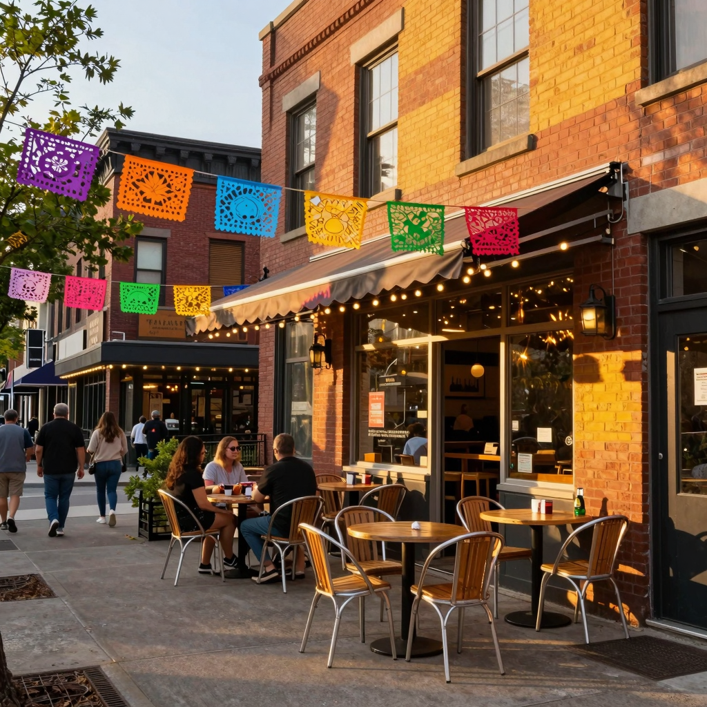 De Mucho Gusto Taqueria Chicago - Warm exterior street scene with colorful decorations, outdoor seating, and golden hour lighting