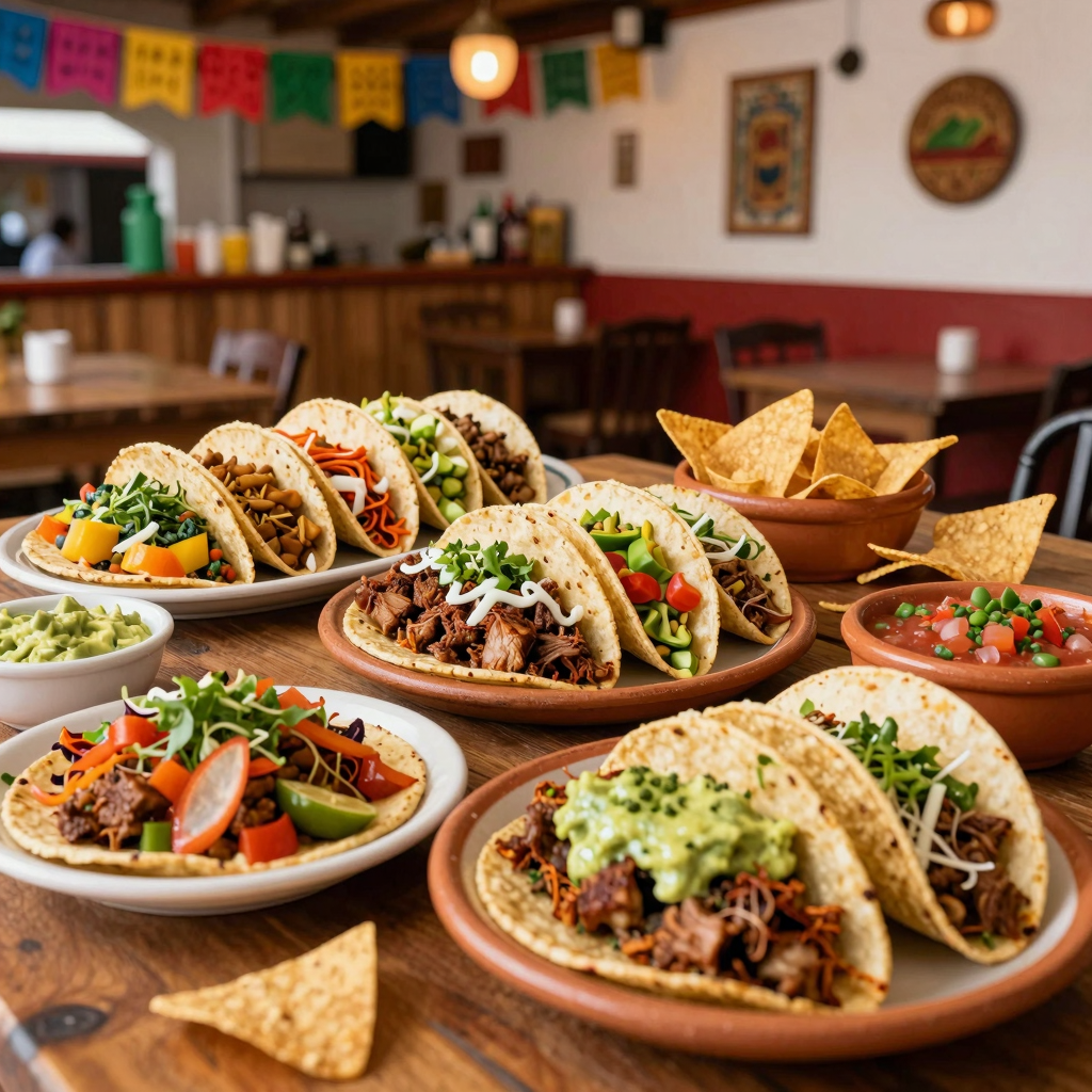 A vibrant representation of Mexican cuisine, showcasing classic dishes found in taquerias. The image includes colorful tacos such as al pastor, carnitas, and vegetarian options, along with sides like guacamole, salsa, and tortilla chips, set against a warm, festive taqueria atmosphere.