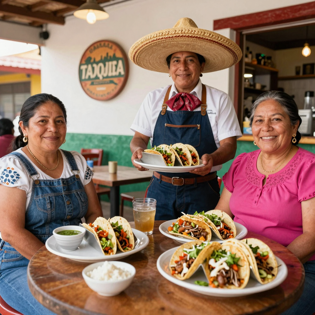 A vibrant image depicting a traditional Mexican taqueria setting, showcasing tacos and a welcoming atmosphere, emphasizing community and family values. Include elements that symbolize commitment to quality and customer service.