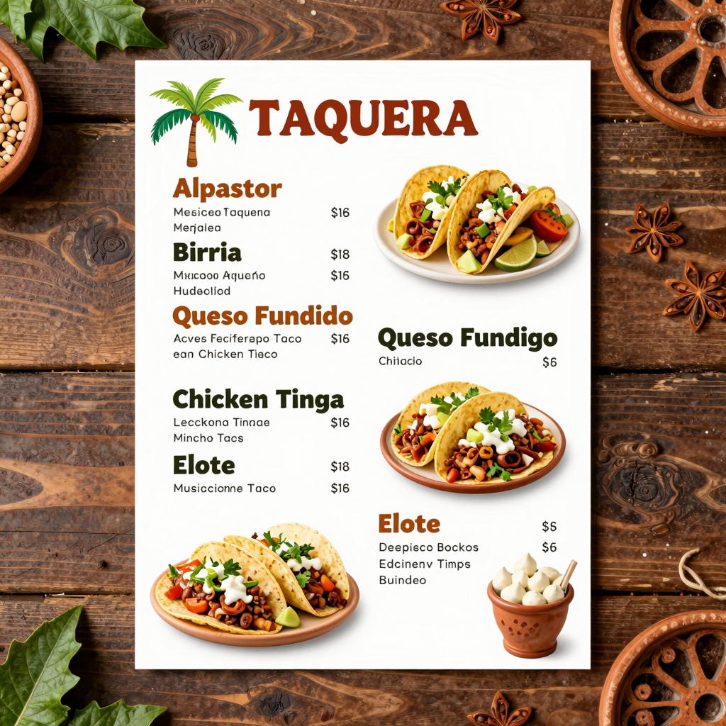 Colorful menu of Don Becerra Taqueria featuring popular dishes