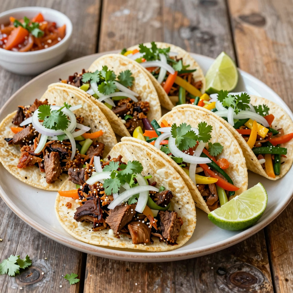 Colorful taco platter with al pastor, carne asada, and veggie options, garnished with fresh toppings.