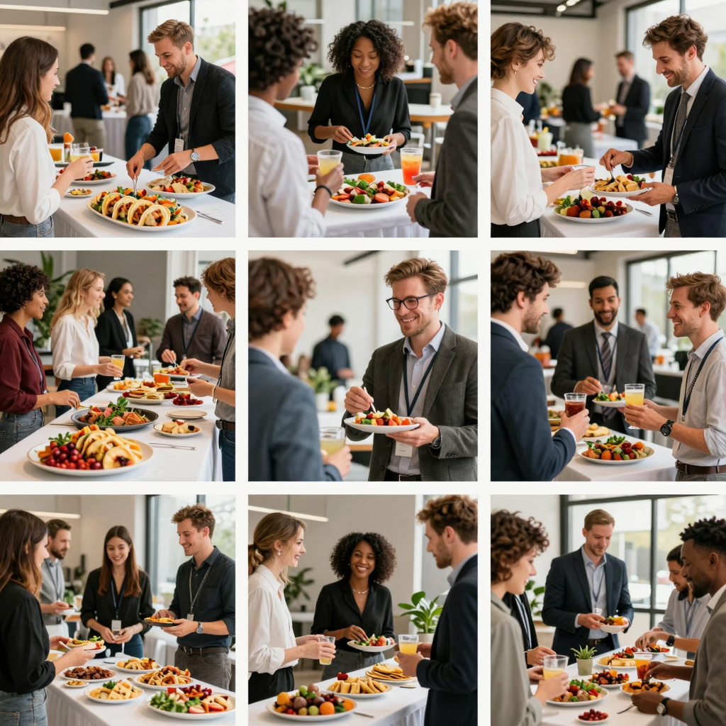 Happy business owners at a catered event with tacos and appetizers
