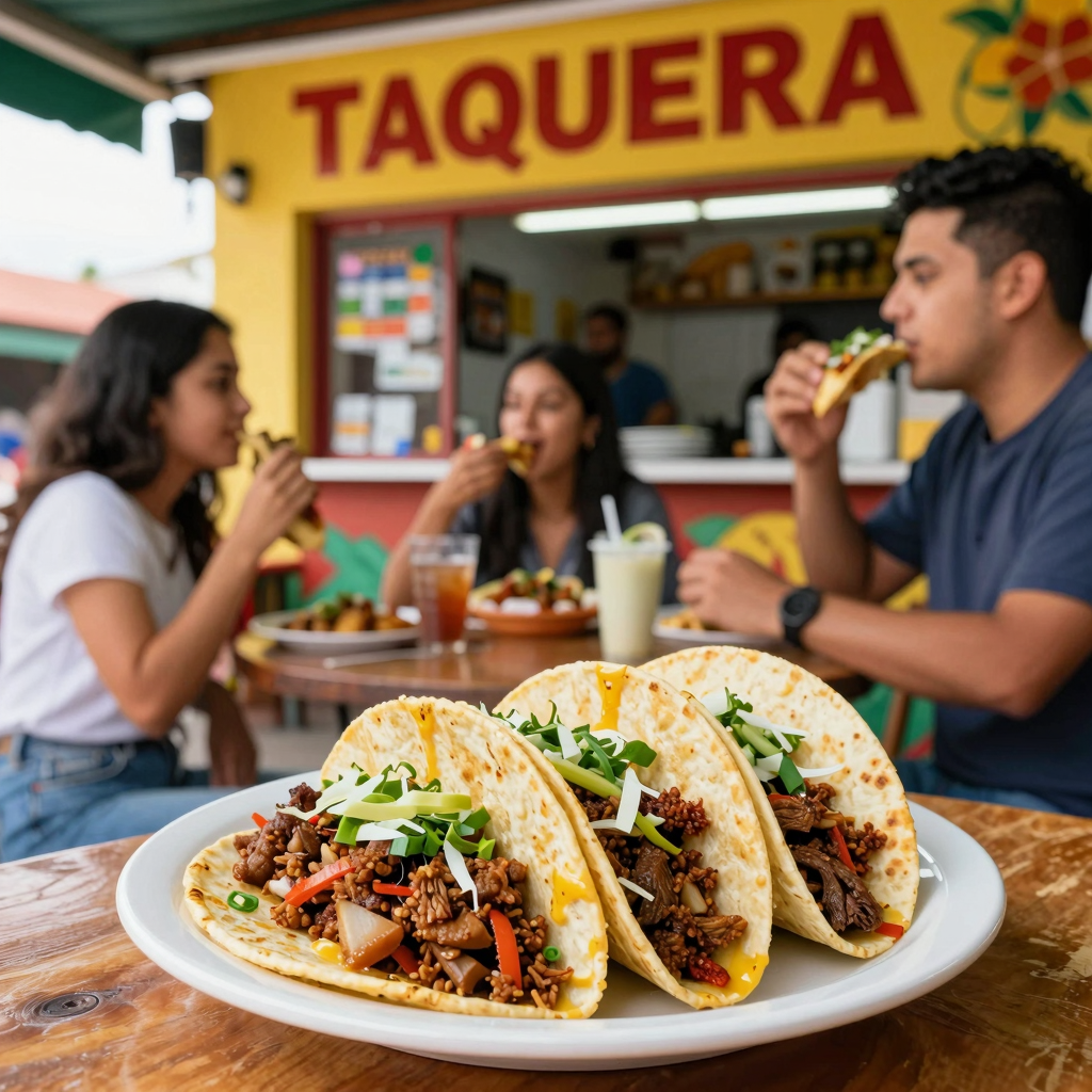 A vibrant, colorful photo of a taqueria showcasing delicious al pastor tacos