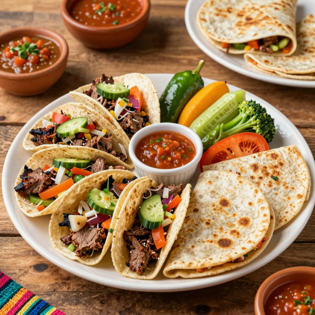 A colorful plate of Mexican street food items from Don Churro Taqueria