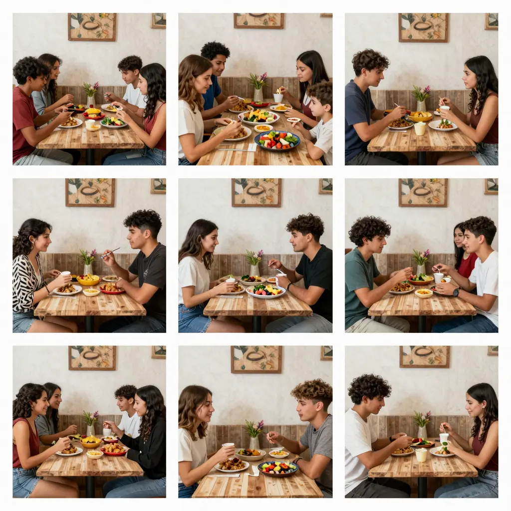 A diverse group of customers enjoying food at a taqueria, highlighting family gatherings and young adults.