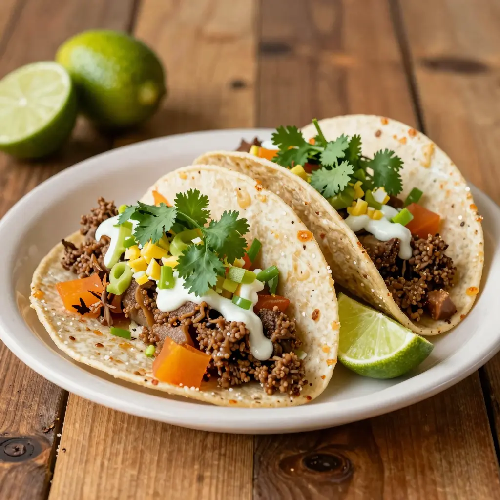 A delicious plate of tacos from Don Felipe Taqueria showcasing vibrant toppings like fresh cilantro and lime, arranged aesthetically on a rustic wooden table.