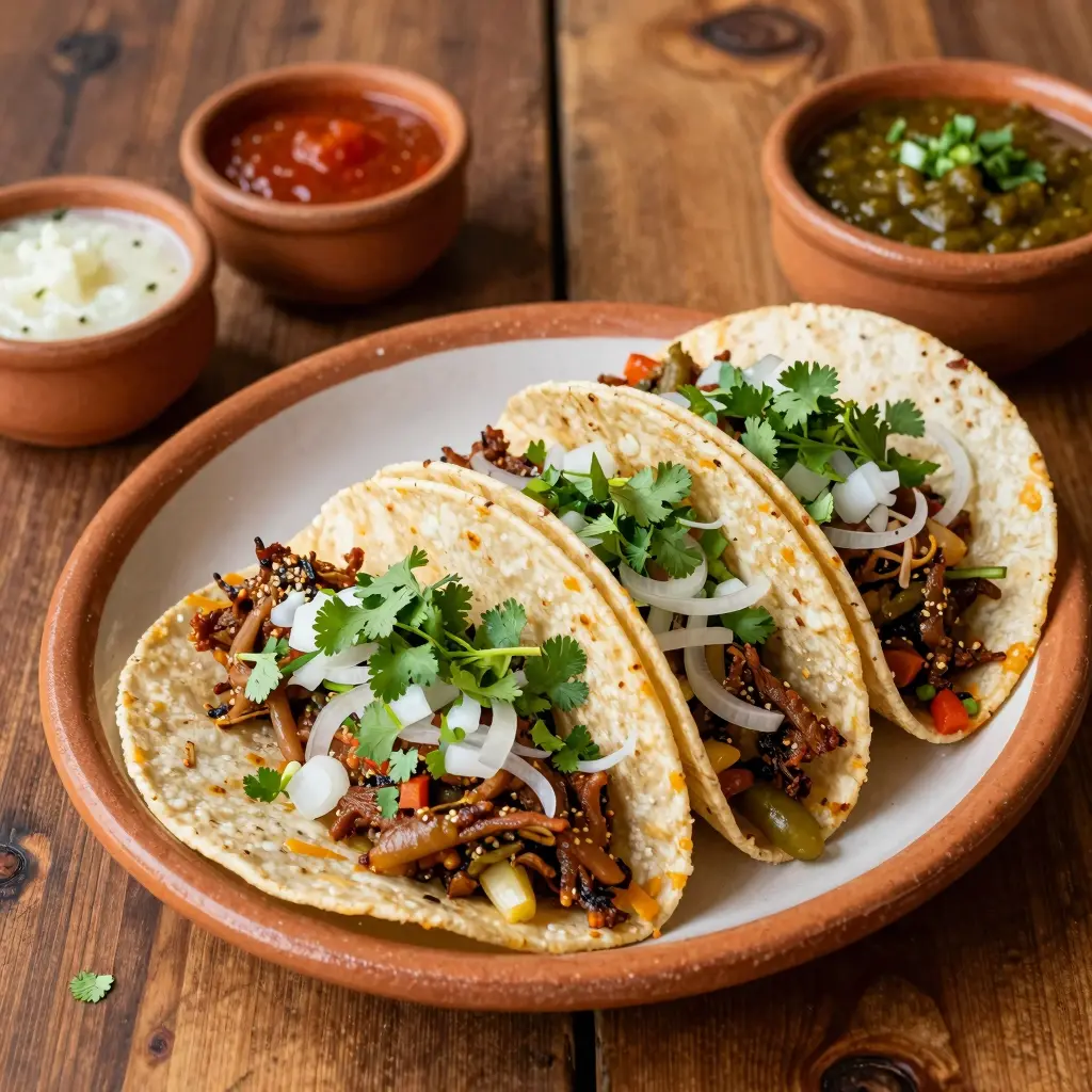 A vibrant and inviting image of a signature Mexican dish from Don Gallo Taqueria, featuring colorful tacos with fresh ingredients like cilantro, onions, and a variety of salsas. The dish is served on a rustic wooden table, emphasizing the authentic taqueria atmosphere.