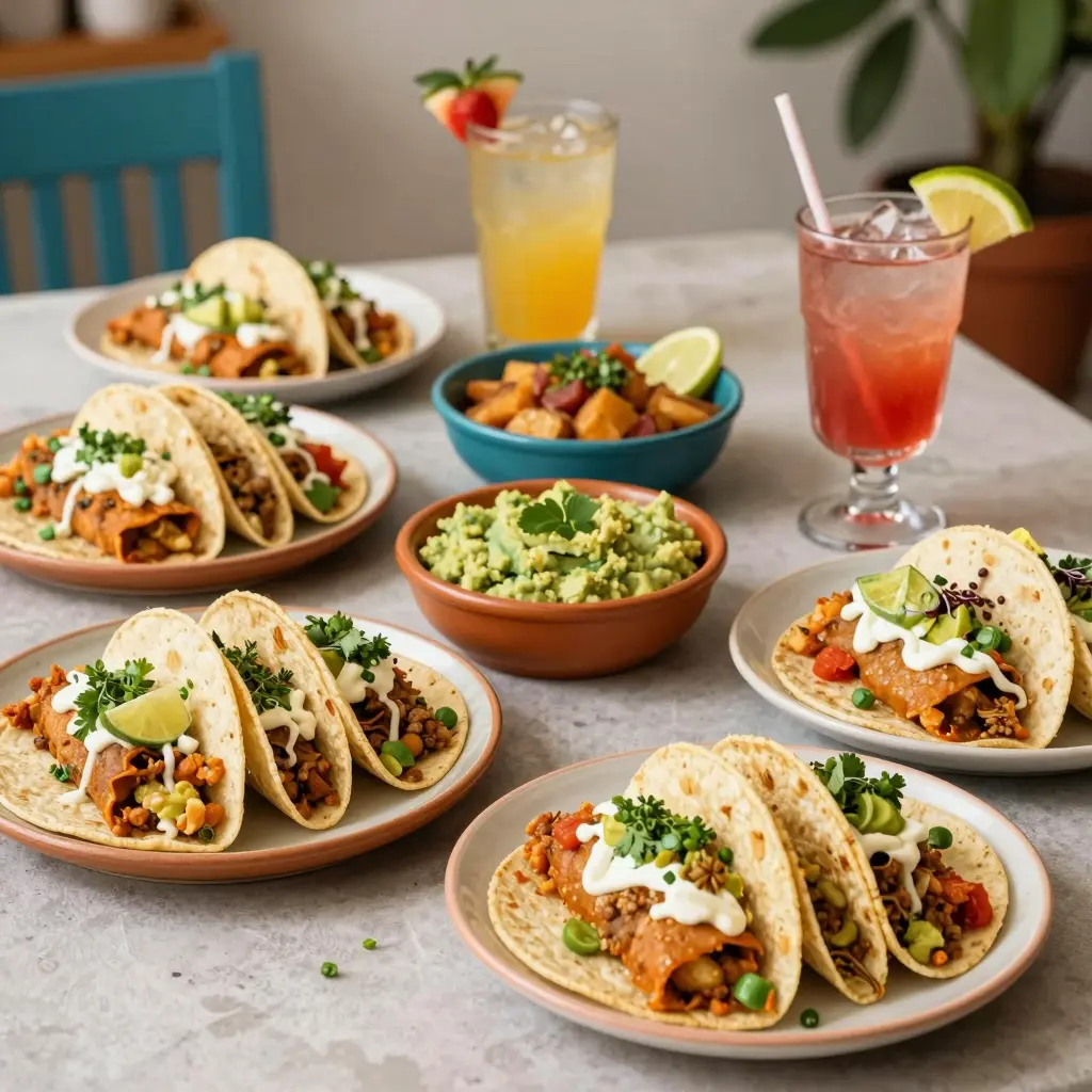 A vibrant spread of Mexican cuisine featuring tacos, enchiladas, guacamole, and signature cocktails suitable for a catering event