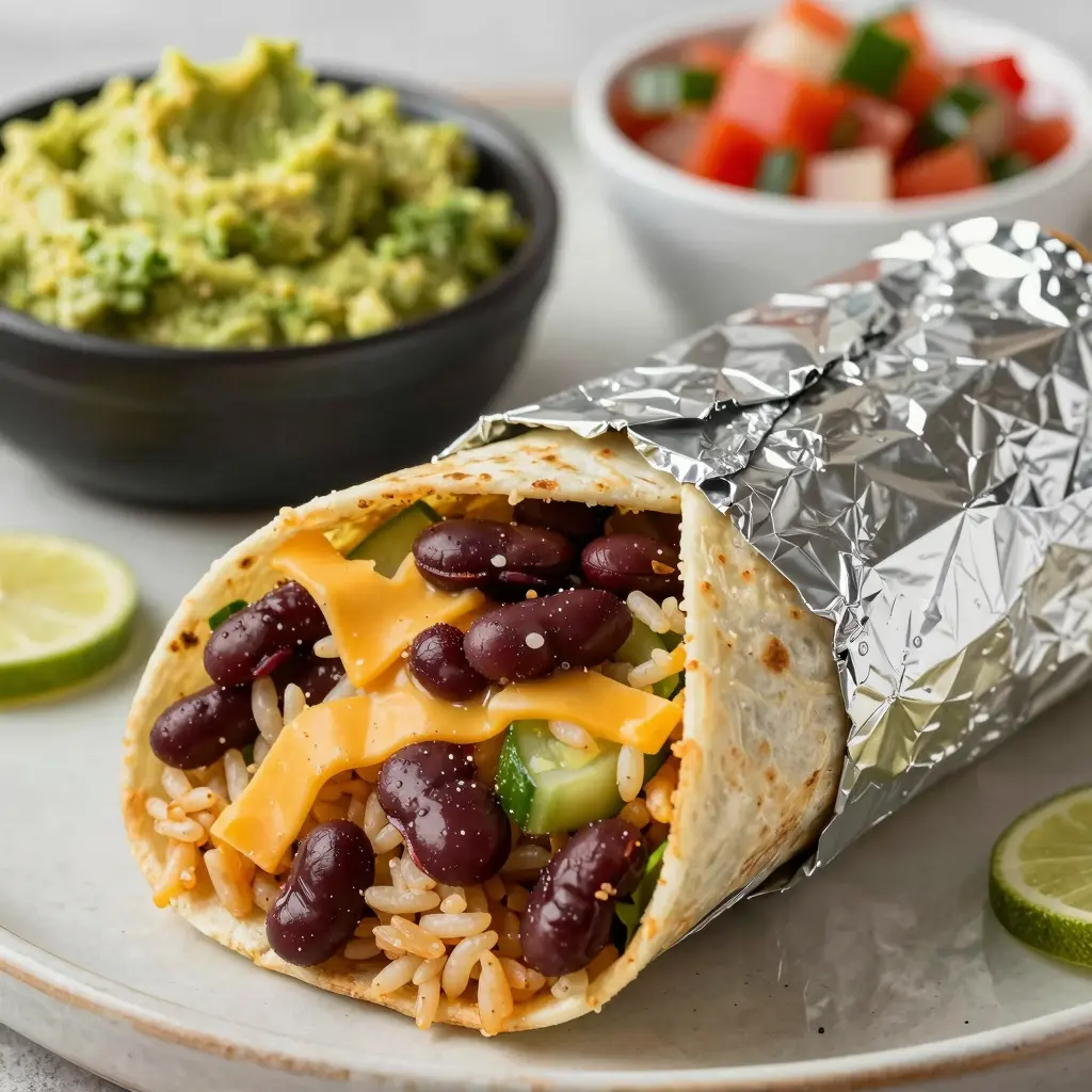 A close-up of a traditional burrito overflowing with beans, rice, and fresh ingredients, served with guacamole and pico de gallo.