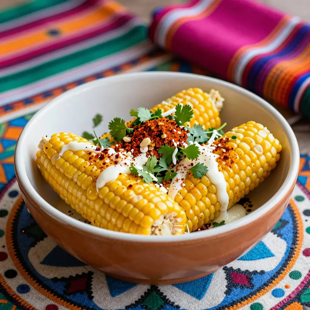 A refreshing bowl of Elote, garnished with cheese and spices, set on a decorative table.