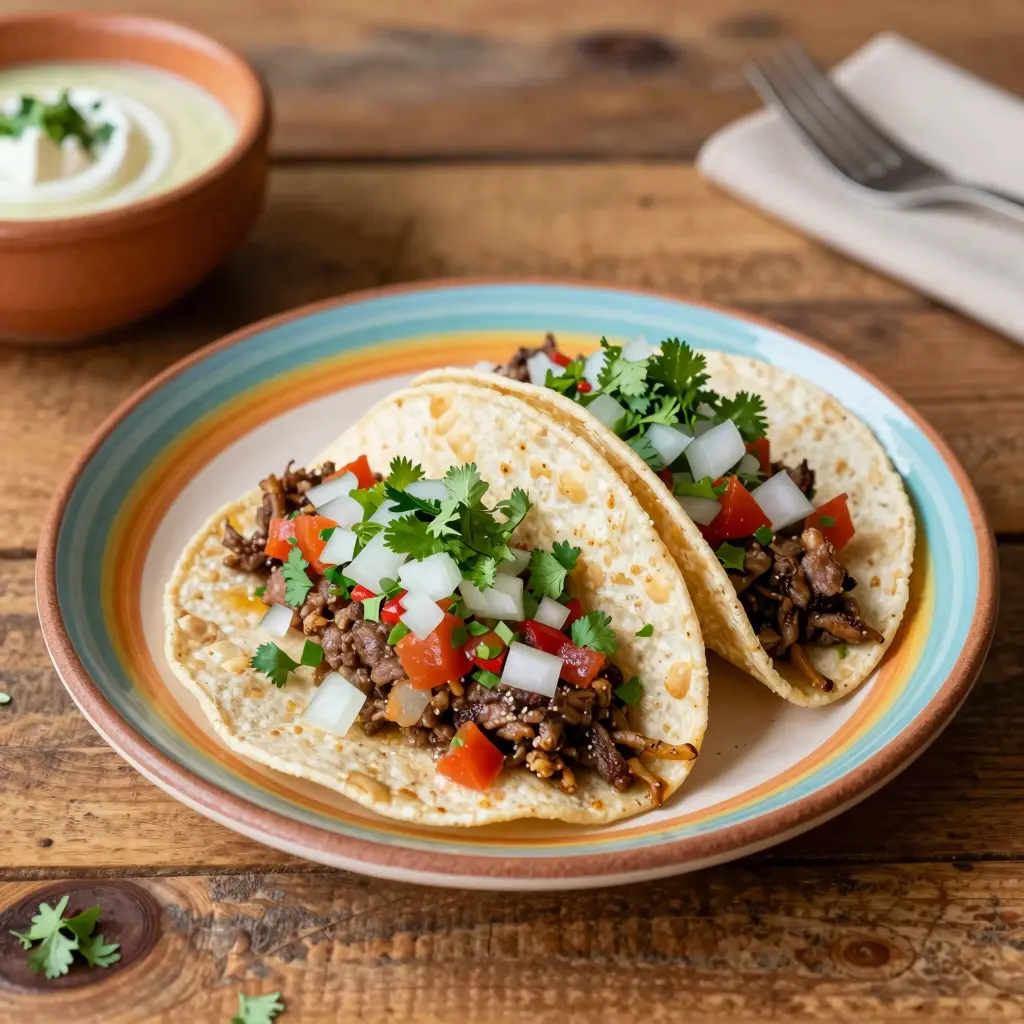 A beautifully plated taco with vibrant toppings on a colorful plate.