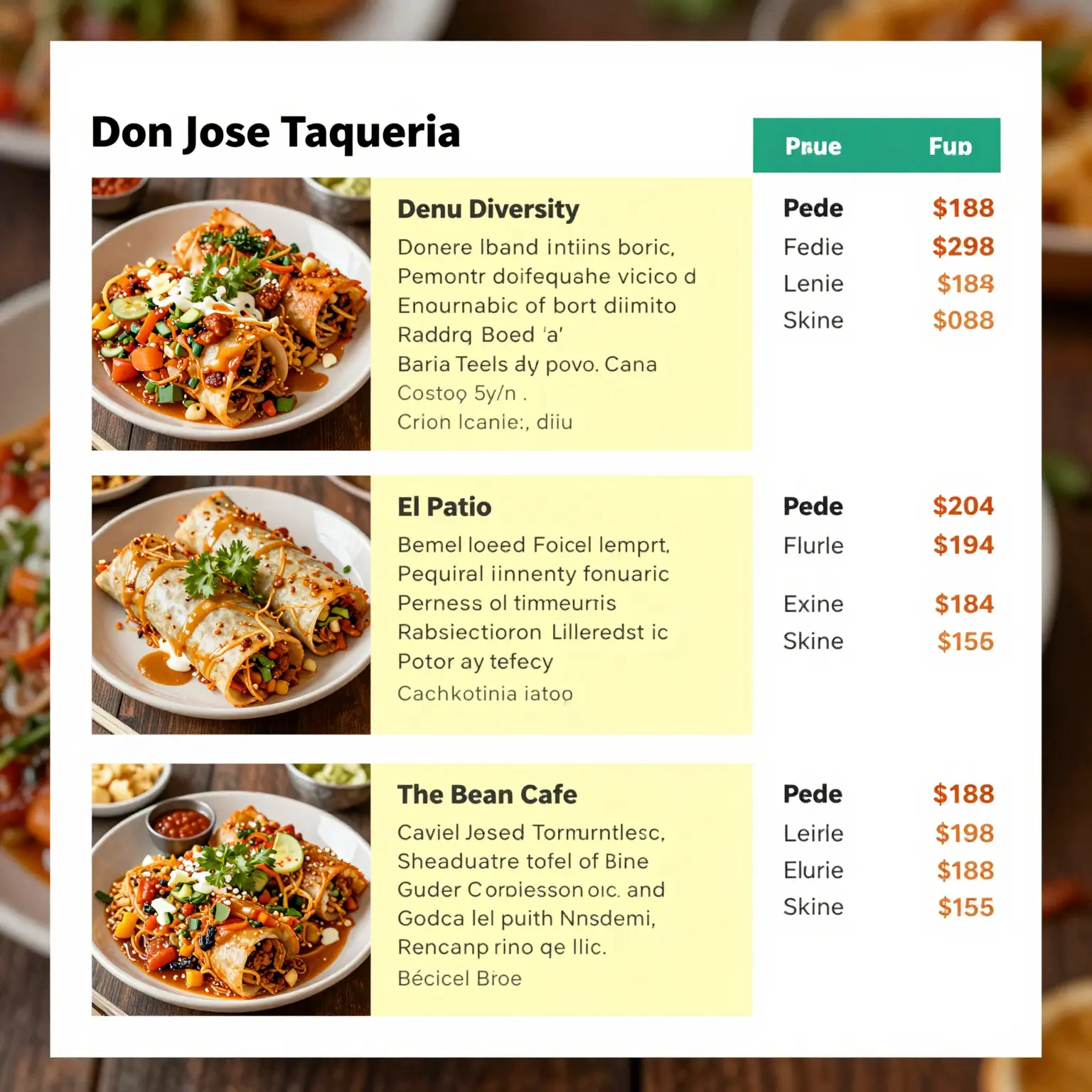 Local Restaurant Comparison Table
