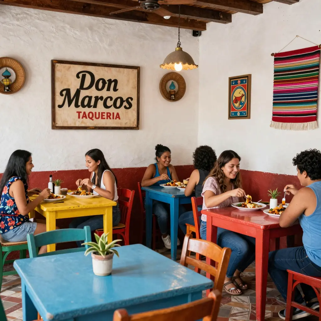 A vibrant interior of Don Marcos Taqueria showcasing traditional decor
