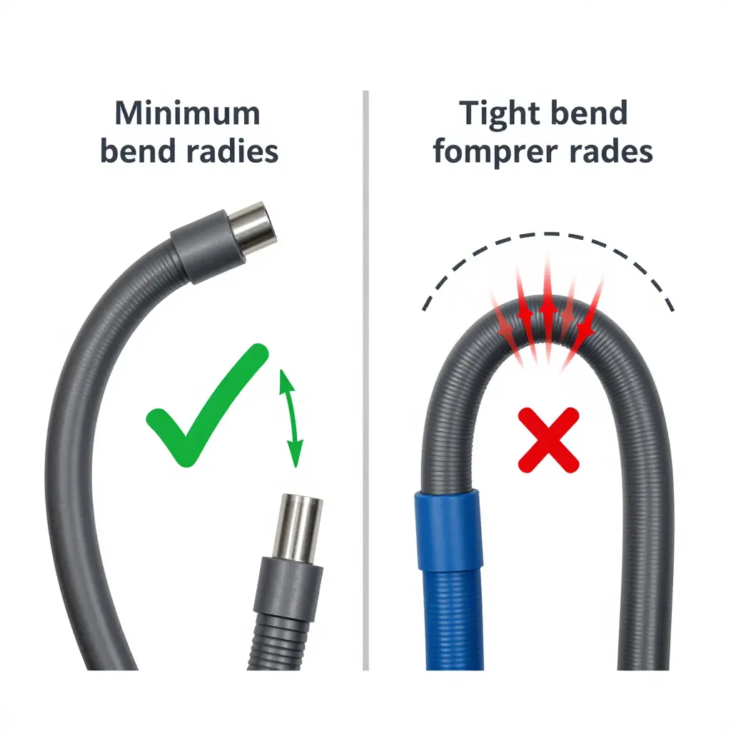 Diagram comparing a hydraulic hose bent within its minimum bend radius versus an over-tight bend that concentrates stress on the outer cover
