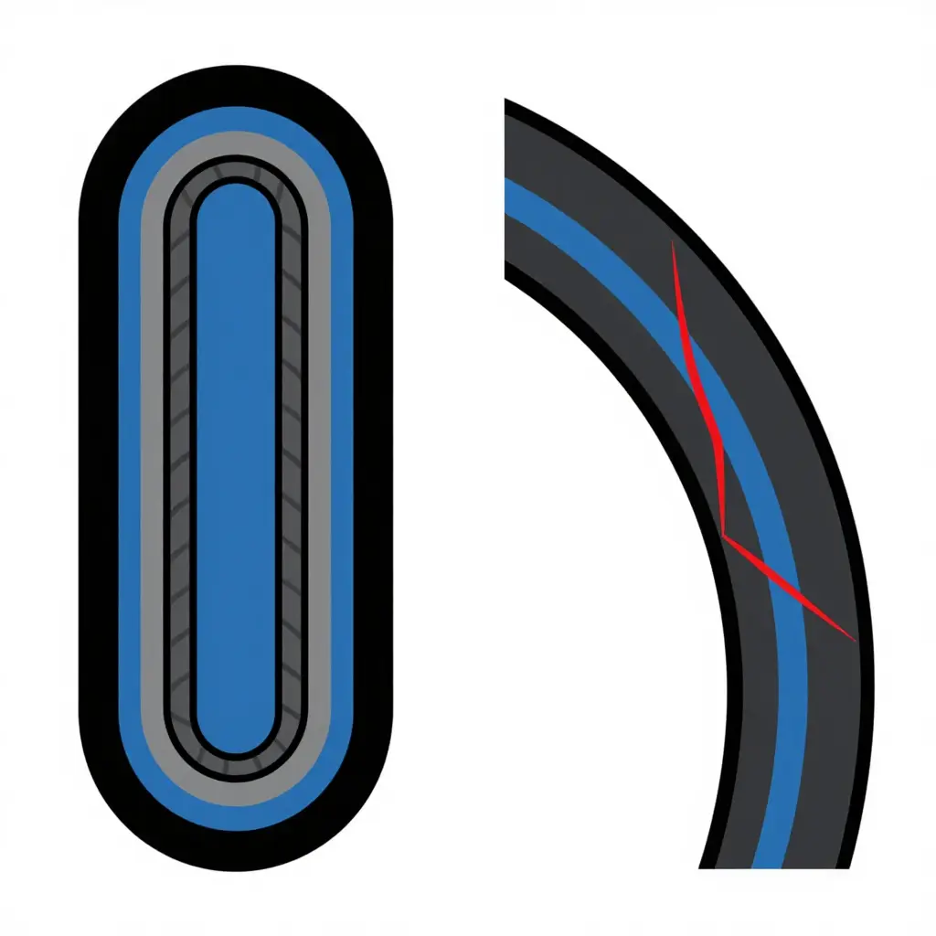 Two-panel technical schematic showing a straight hydraulic hose cross-section beside a bent hose cross-section, with red micro-cracks initiating on the outer rubber cover and propagating inward through the reinforcement layers