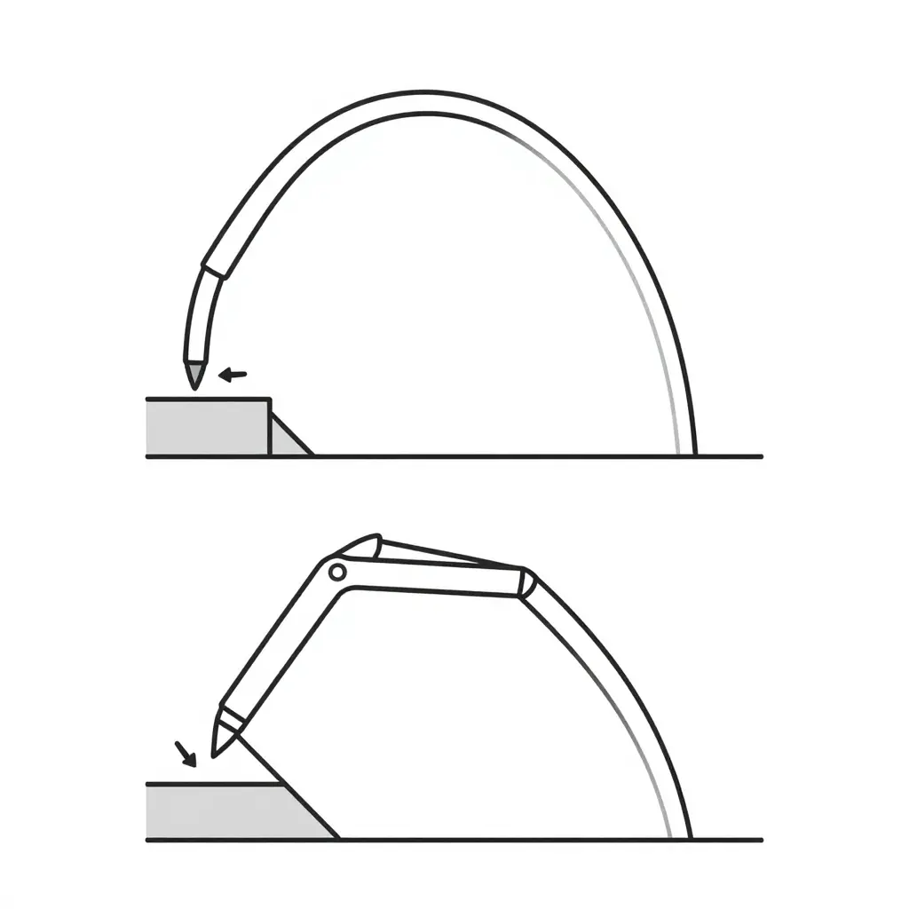 Minimalist 2D line-art diagram comparing correct versus incorrect hydraulic hose routing on an excavator arm