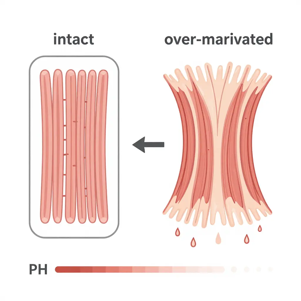 Minimal flat 2D schematic comparing intact bundled pork muscle fibers on the left with over-marinated splayed, moisture-expelled fibers on the right, with an arrow and a pH gradient bar beneath indicating the shift toward higher guajillo marinade acidity.