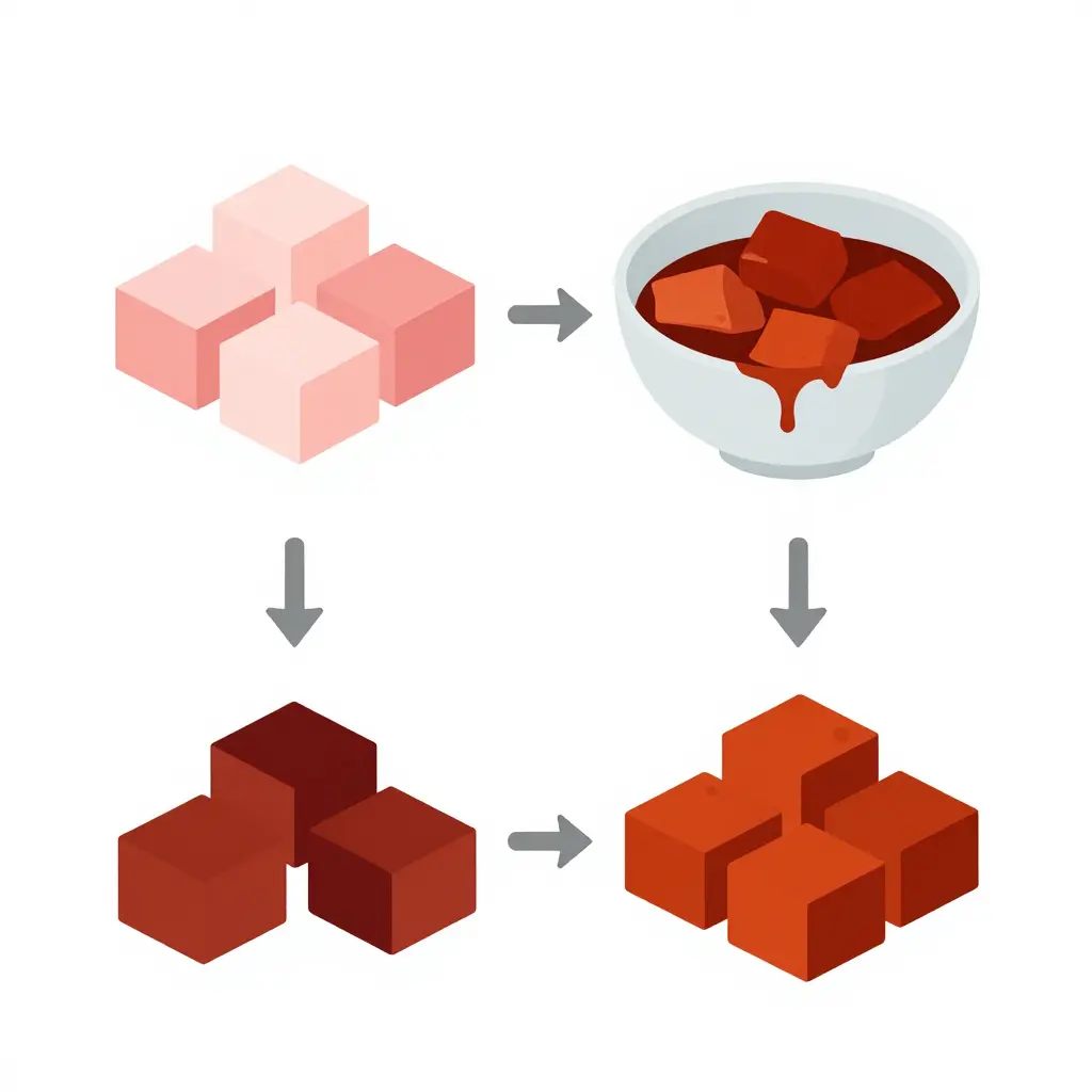 A minimalist two-dimensional instructional diagram showing adobo color development in four left-to-right stages: raw pale pork cubes, pork coated in dark red-brown adobo sauce, cubes gradually darkening over time, and finished deep red-orange roasted pork.