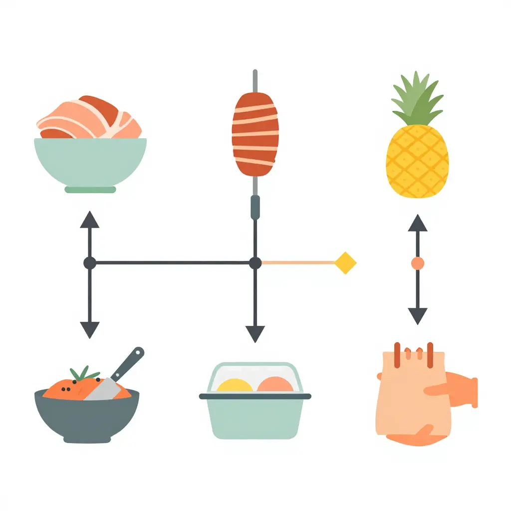 Two-dimensional flat-design instructional diagram of the El Pastor del Rico dinner service assembly line showing six linear steps connected by arrows: marinating, cooking, pineapple addition, portioning, container packing, and takeout handoff, with two decision markers for adobo color choice and pineapple timing.