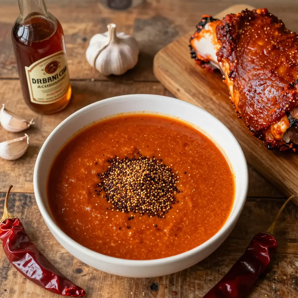 Adobo marinade with achiote, guajillo chiles, garlic, and vinegar on a rustic kitchen workbench