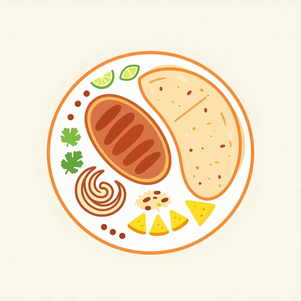 Simple 2D flat vector diagram of the El Pastor Grill McAllen trompo plate showing zones for meat, tortillas, rice or beans, grilled onions, pineapple, and garnishes as basic shapes.