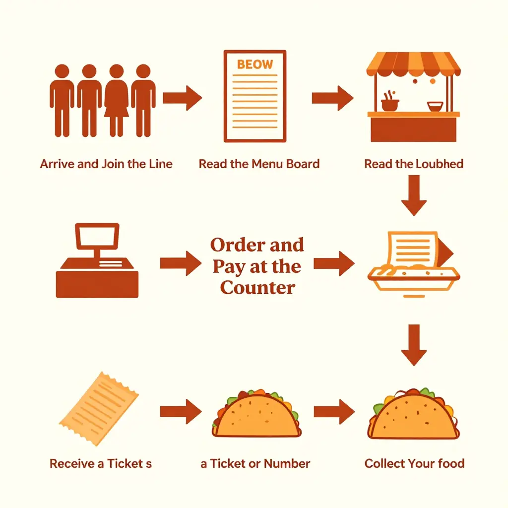 Step-by-step flow of counter ordering at a taqueria: arrive and join the line, read the menu board, order and pay, receive a ticket or number, and collect your food